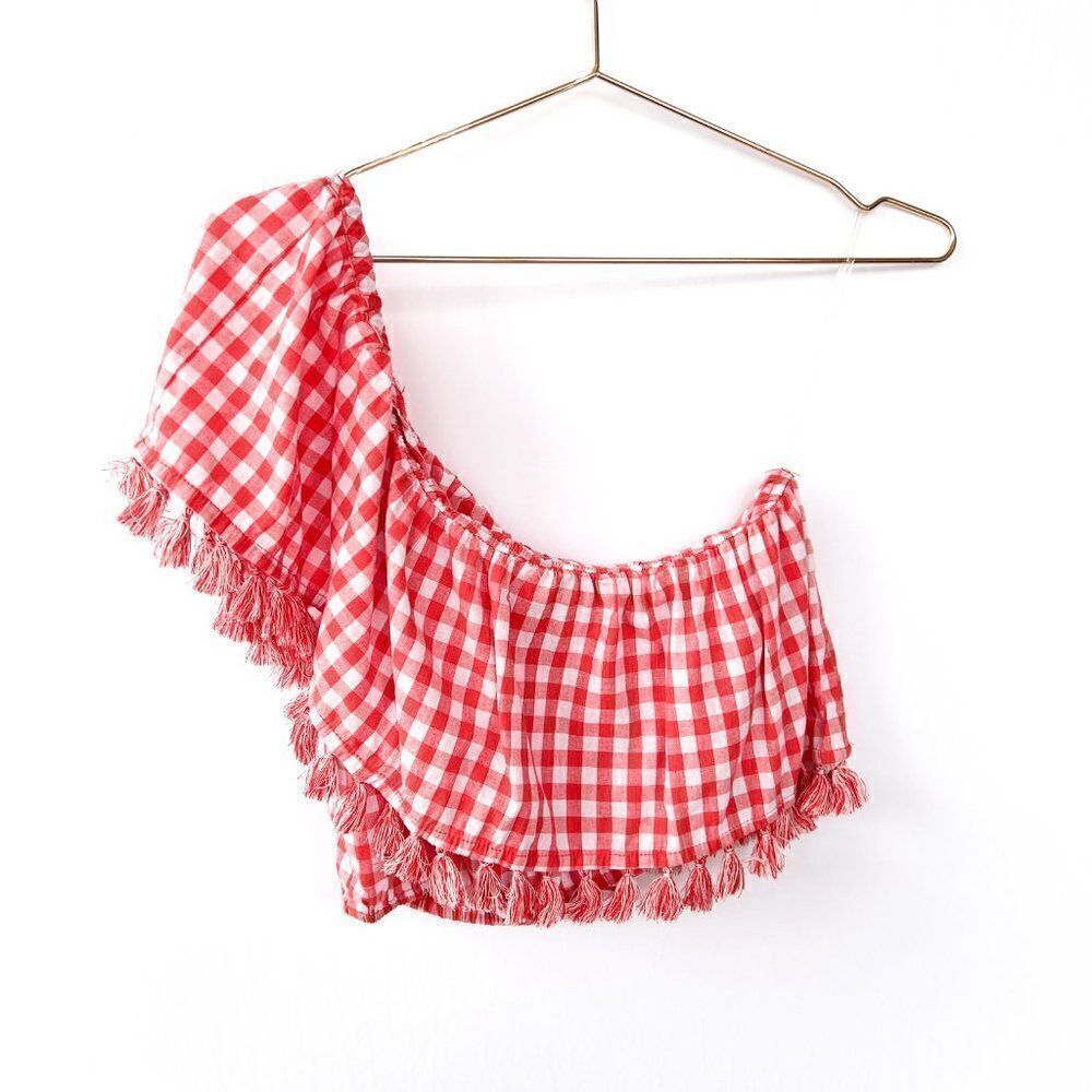 DO+BE Red White Gingham Plaid One Shoulder Tassel Top Medium